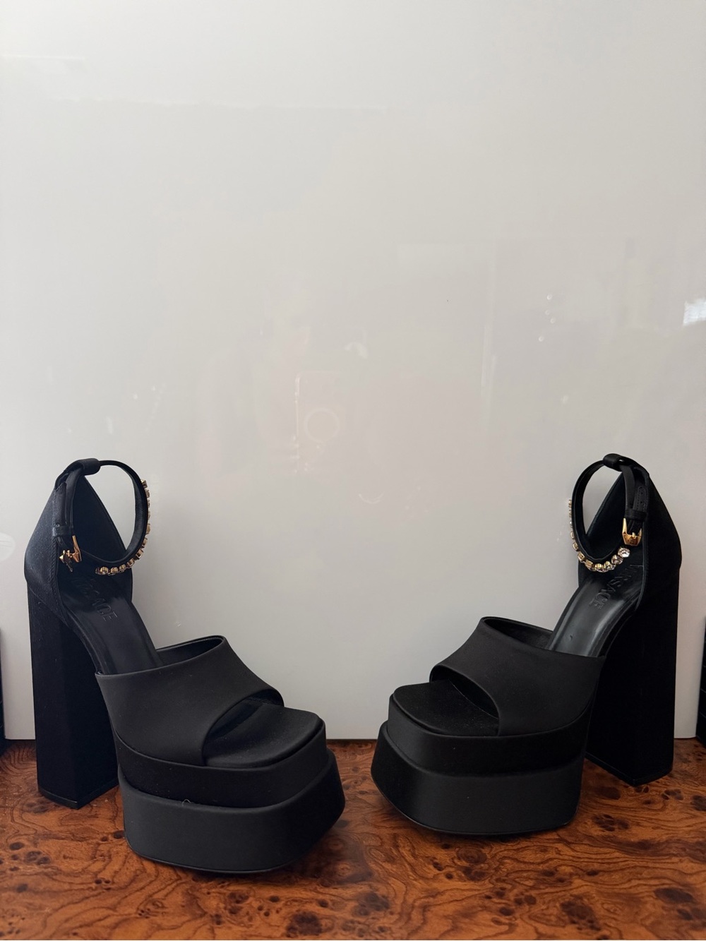 Versace Black Platform Block-Heel Sandals with Gold Chain Ankle Strap